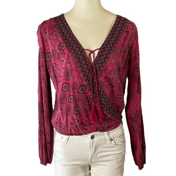 XS Hollister Boho Peasant V-Neck Faux-Wrap Hi-Low Tassel Tie-Front - Picture 1 of 9